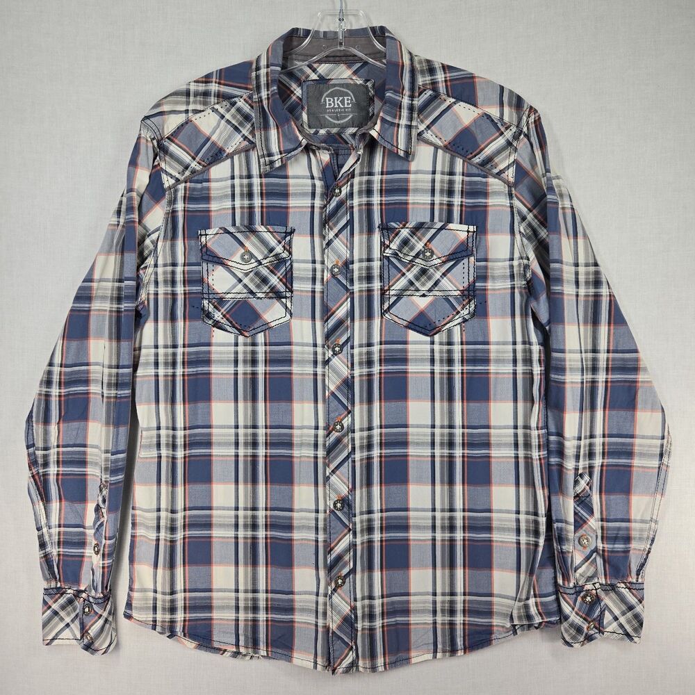 BKE Athletic Fit Large Plaid Button Up Shirt Blue White Gray Orange Western